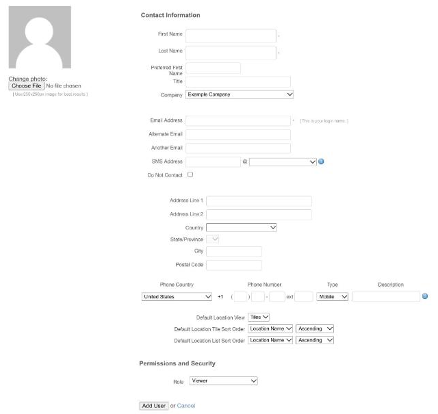 The Add New User page, showing the Contact Information fields and the Permissions and Security section