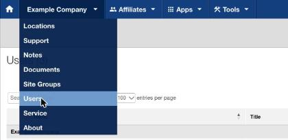 The company menu open, with Users highlighted