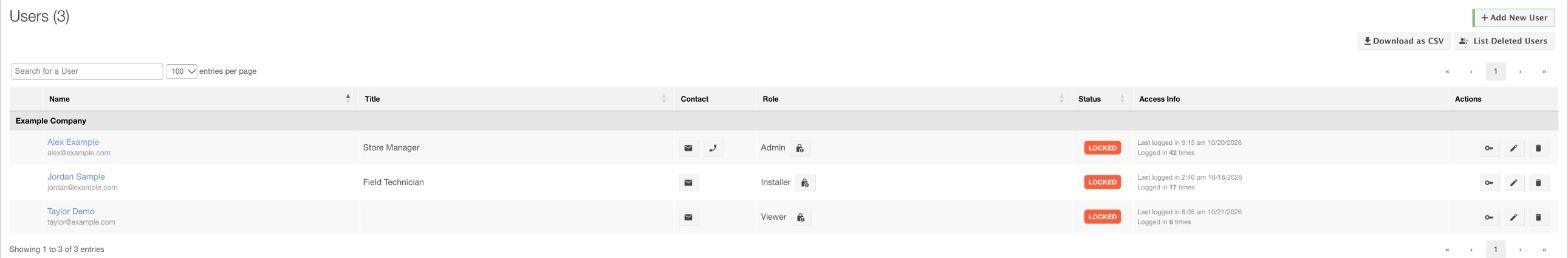 The Users page, with the Add New User button at the upper right