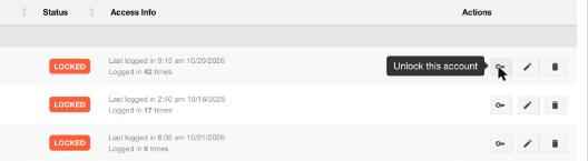 Locked user rows with a LOCKED status badge, and the Unlock this account tooltip on the key icon