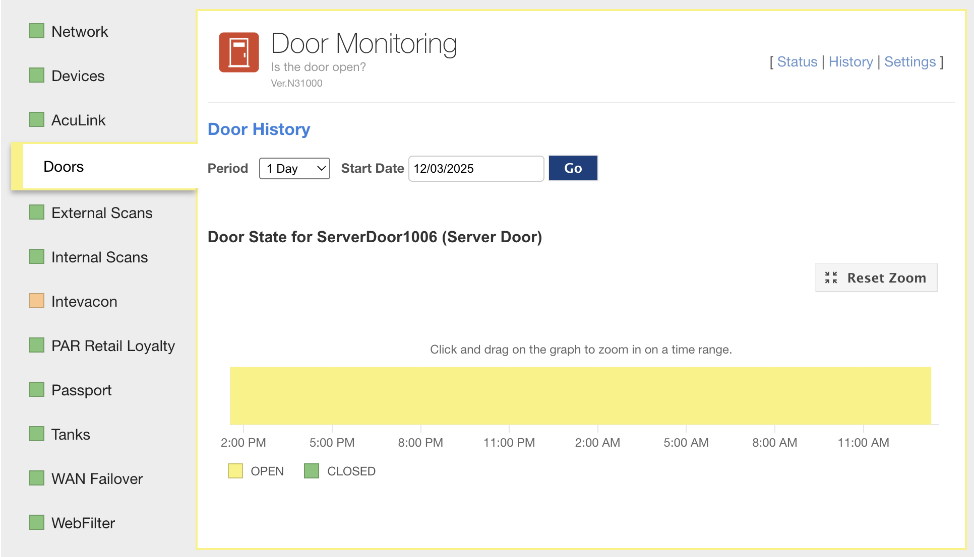 Door Monitoring History view listing state changes for a door sensor