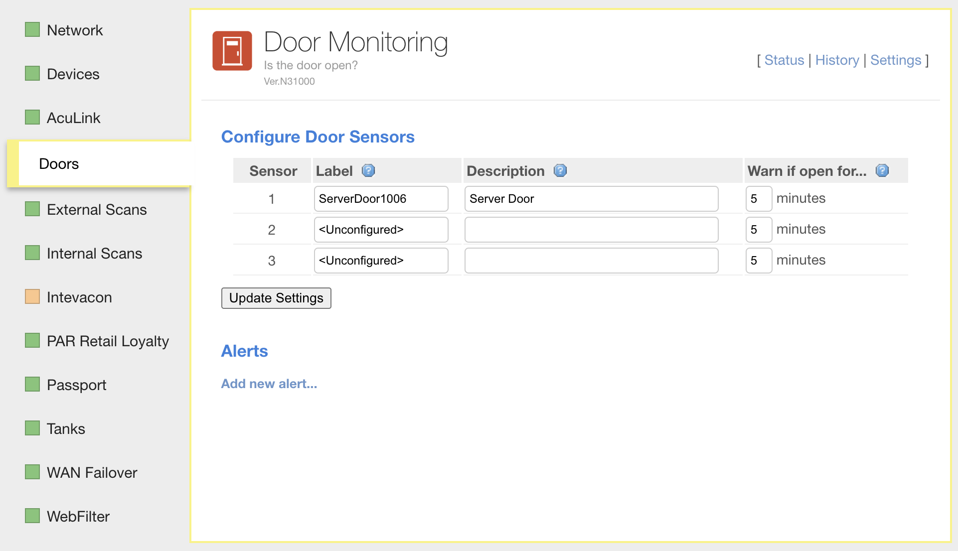 Door Monitoring settings with Label, Description, and Warn if open for fields for each sensor