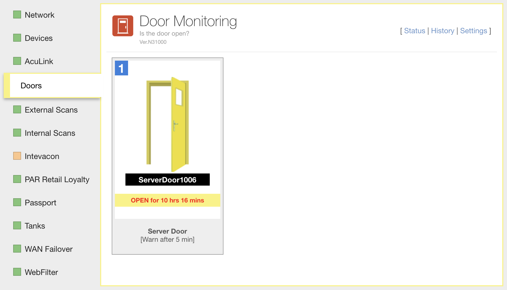 Doors tab showing the current status of a door sensor