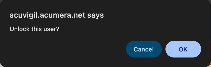 Browser prompt asking "Unlock this user?" with Cancel and OK buttons