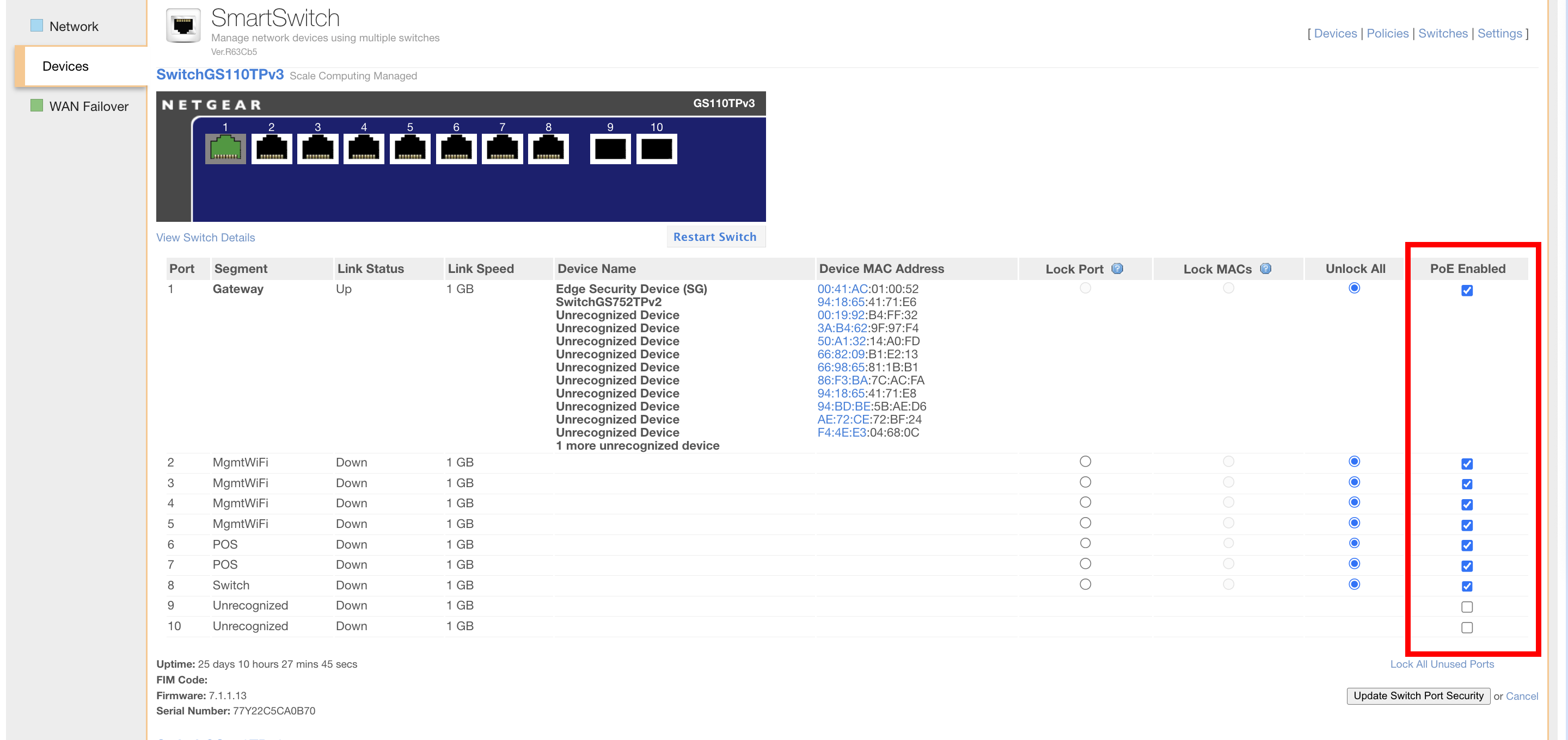 SmartSwitch switch details port table showing the PoE Enabled column