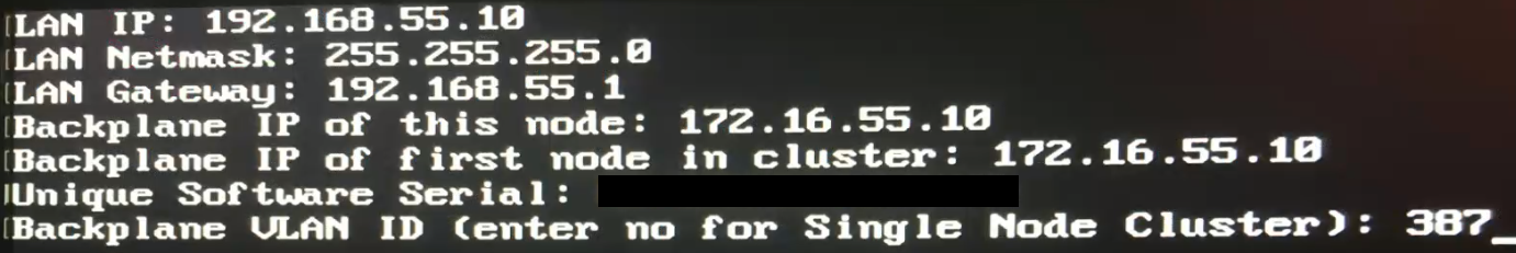 Node initialization screen showing Backplane VLAN ID prompt for HE100 series nodes