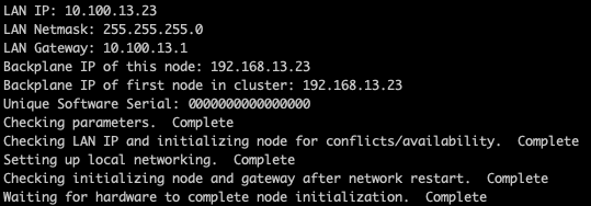 Node initialization complete output showing all configuration steps with “Complete” status