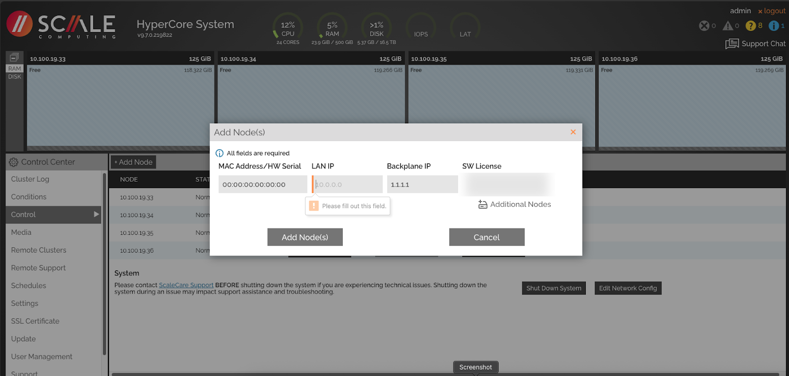 Add Node configuration screen