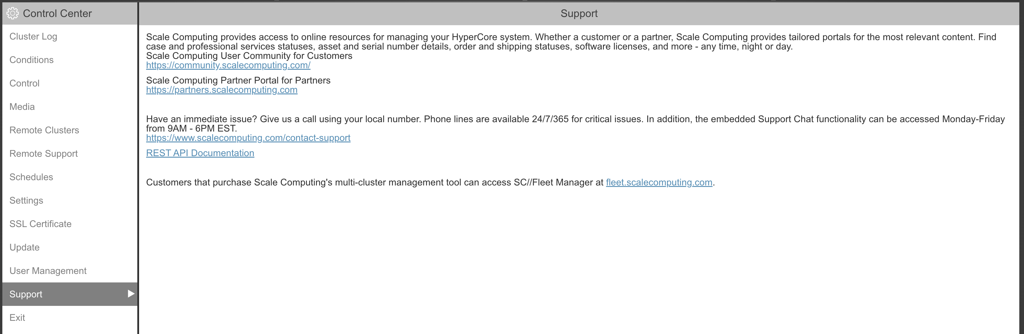 Control Center with its menu on the left and the Support page open, listing support portals, contact information and the SC//Fleet Manager link
