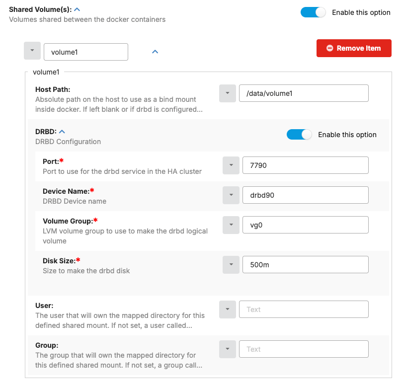 DRBD configuration for the Shared Volumes hash in SC//Reliant Platform Manager