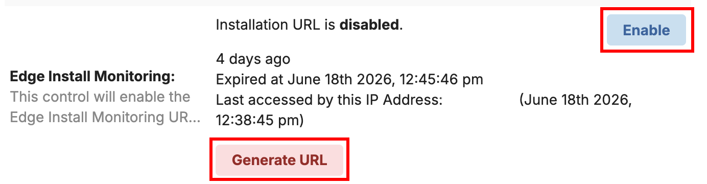 Edge Install Monitoring section on the Node page, showing the Enable and Generate URL controls