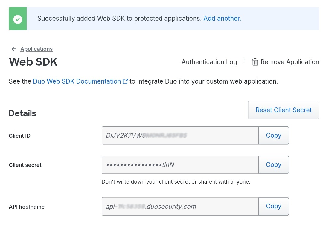 Duo Web SDK application security settings