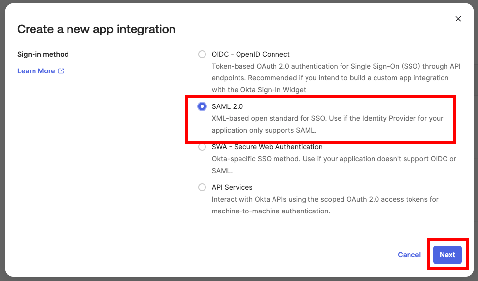 Okta Applications Sign-in method