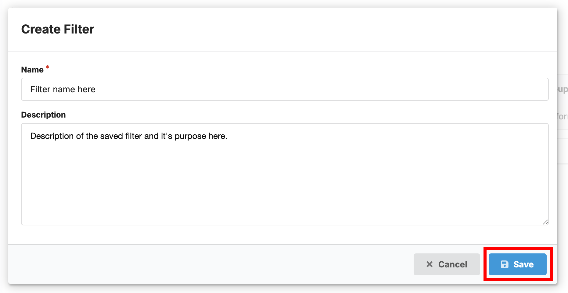 The Create Filter dialog with Name and Description fields